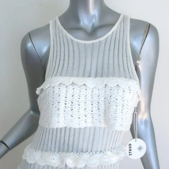 STAUD Sorrento Ruffled Crocheted Maxi Dress White Cotton-Blend Size Medium NEW - Picture 2 of 7